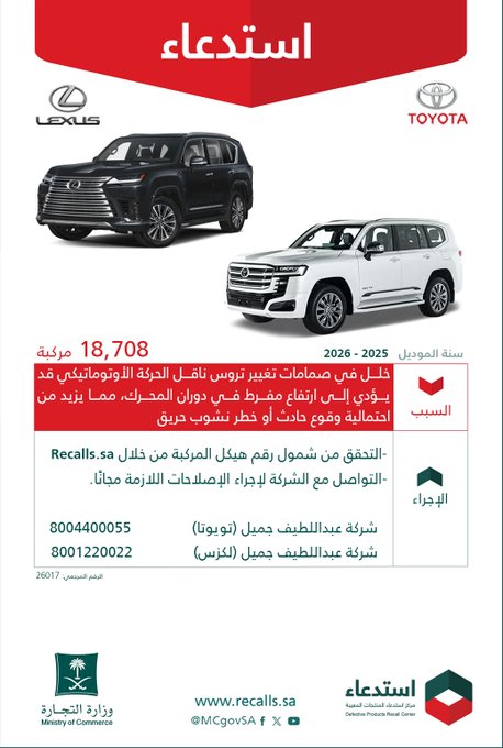 استدعاء أكثر من 33 ألف سيارة تويوتا لاندكروزر ولكزس LX600 موديلات 2025-2026 بسبب خلل فني محتمل 80 1 استدعاء أكثر من 33 ألف سيارة تويوتا لاندكروزر ولكزس LX600 موديلات 2025-2026 بسبب خلل فني محتمل